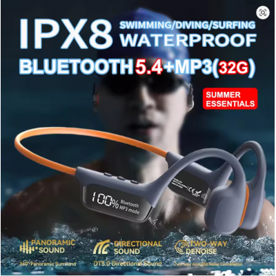 Bluetooth 5.4 Bone Conduction Headphone IPX8 Waterproof HIFI Stereo+MP3 (32G) Player wireless Headset Sports swimming Earphone